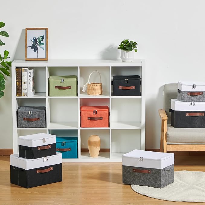 2 Pack Storage Boxes with Zipper Lid Cotton Linen Fabric Lidded Storage Bins Baskets Foldable Washable Closet Shelf Clothes Organizer Container Faux Leather Handles (Black White, Large)