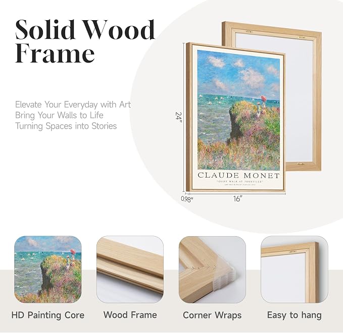 3 Piece Framed Monet Canvas Wall Art for Living Room, Large Impressionist Lake Landscape Prints Painting, Vintage Classic Picture Artwork Decor for Bedroom Dining Room 16x24 Inch