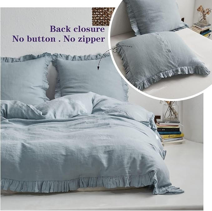 Simple&Opulence 100% Linen Euro Sham Covers with Ruffle, 26x26 Inch Pillow Covers Set of 2, Euro Pillow Shams for Bed Couch French Home Decor Luxury and Breathable Square Pillow Cases, Dusty Blue