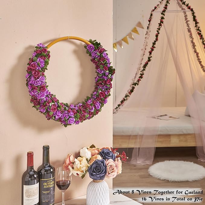 PONKING 6 Pcs x 8.2 ft Flower Garland Artificial Rose Vine Flowers with Green Leaves Hanging Fake Roses Vine for Room Party Home Wedding Birthday Christmas Wall Arch Decor, Spring Purple Flower