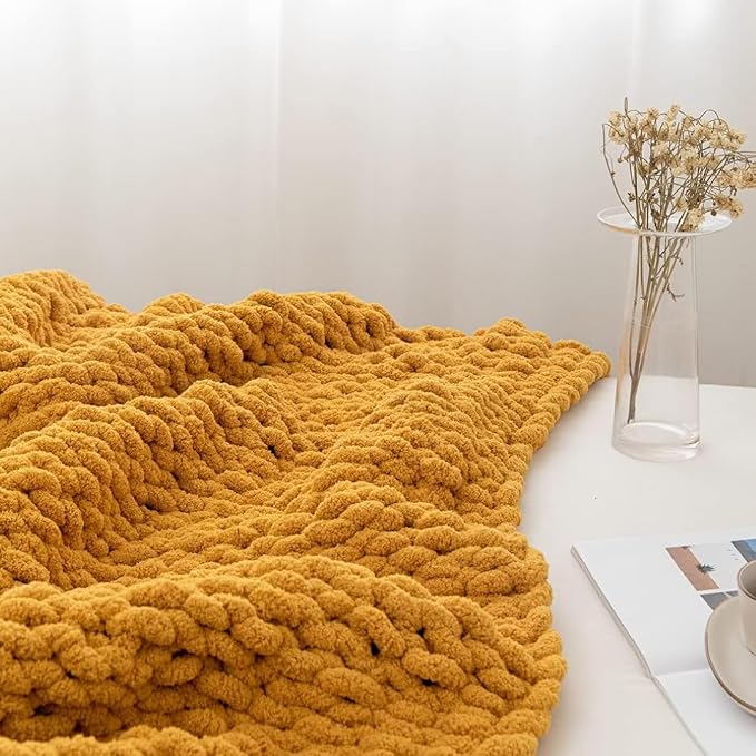 Soft Chunky Knit Throw Blanket for Couch, Cozy Warm Knitted Blankets | Hand Knit with Jumbo Chenille, Lightweight Warm Fluffy Decor for Women, Mom, Her & Girls, Sofa, Chair, Bed, 48"×71" (Yellow)