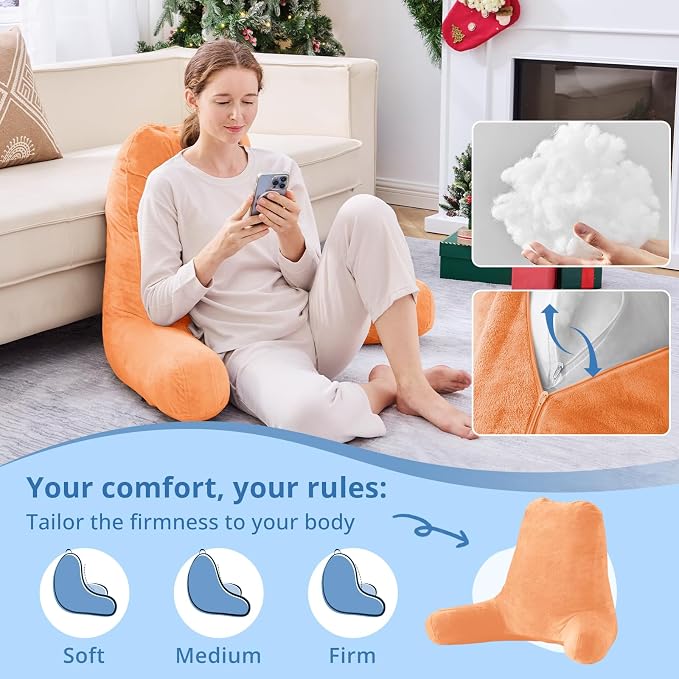 Sasttie 25-inch Reading Pillows for Sitting in Bed Adult, Jumbo Velvet Back Pillow Bed Sitting Up, XL High Back-Rest Support Cushion for Sit Up on Couch & Floor, Oeko-Tex Certified, Orange