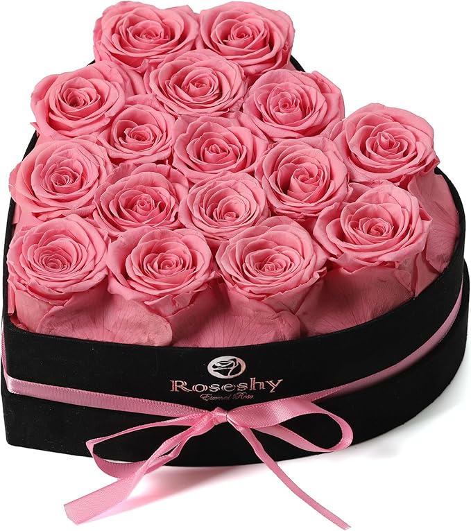 Valentines Day Flowers Roses Gifts for Her,16pcs Pink Forever Preserved Roses in Heart Shape Gift Box,Valentines Day Delivery Prime Gifts-Roses Gifts for Women,Mom.