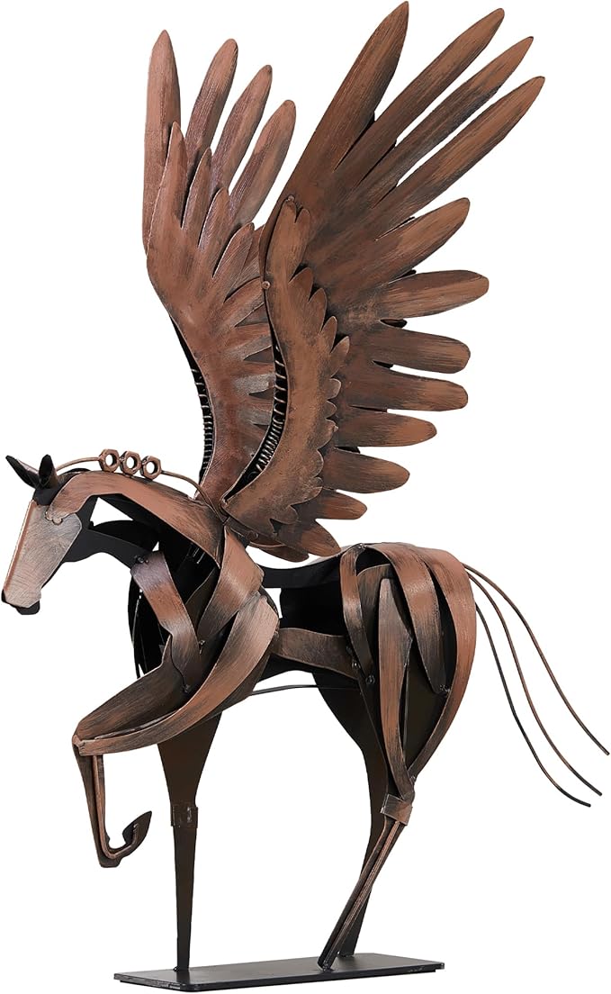 SunBlogs Art Horse Statue Décor Artwork, 24" H Handmade Metal Pegasus Greek Flying Horse Sculpture, Hand-Painted Animal Figurines for Home Living Room Office (Vintage Brown with Wings)