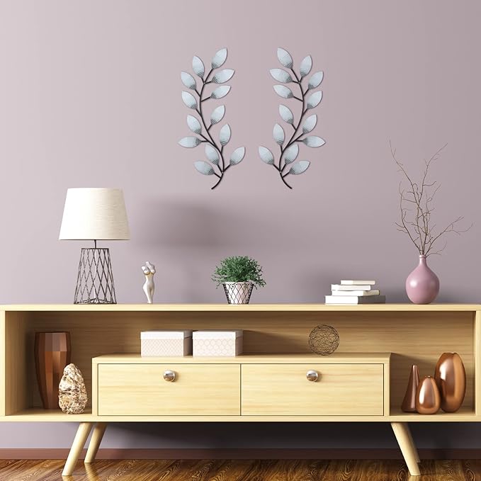 Zhengmy 2 Pieces Metal Tree Leaf Wall Decor Vine Olive Branch Leaf Wall Art Living Room, Hallway Wall Decor Outdoor Decoration(Retro White)