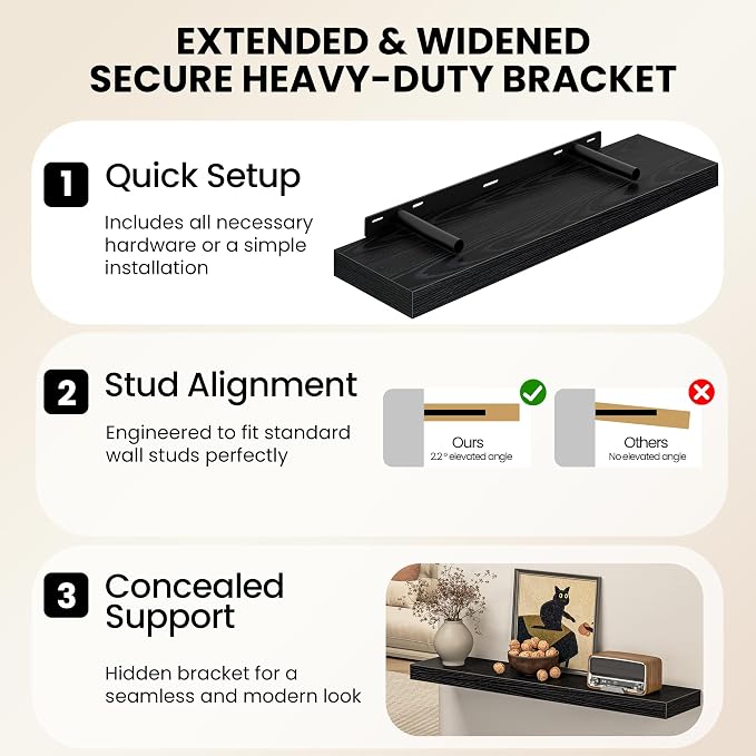 Fun Memories 20Inch Floating Shelves for Wall, 8 Inch Deep Shelves for Bathroom|Bedroom|Kitchen Wall Mounted, Wood Hanging Shelf with Invisible Brackets for Home Storage Decor, Black - 2 Pack