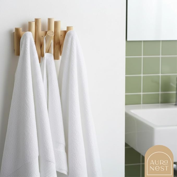 Bamboo Piano Coat Rack Wall Mount Set of 2, Flip Down Wooden Hooks for Entryway Hallway Mudroom Bedroom | Natural Wood Wall Hanger, 2-Pack 3 Hooks, Space Saving Organizer