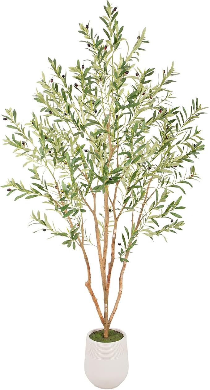Bellacat 7ft Super Fuller Faux Olive Tree with White Decorative Planter & Multiple Real Wood Trunks, 84in Artificial Olive Tree with Realistic Fruits, Fake Olive Tree for Indoor & Outdoor Décor