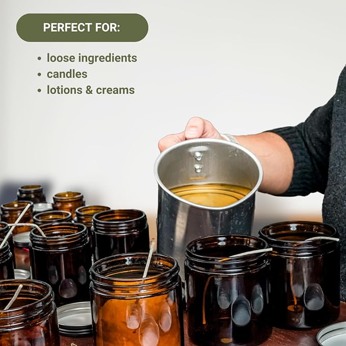 Glass Amber 8oz Jar - 12 Packs, Lead-Free Empty Round Jars For Beauty Products, Lotion, and Powders - Black Lid - Small Candle Jars