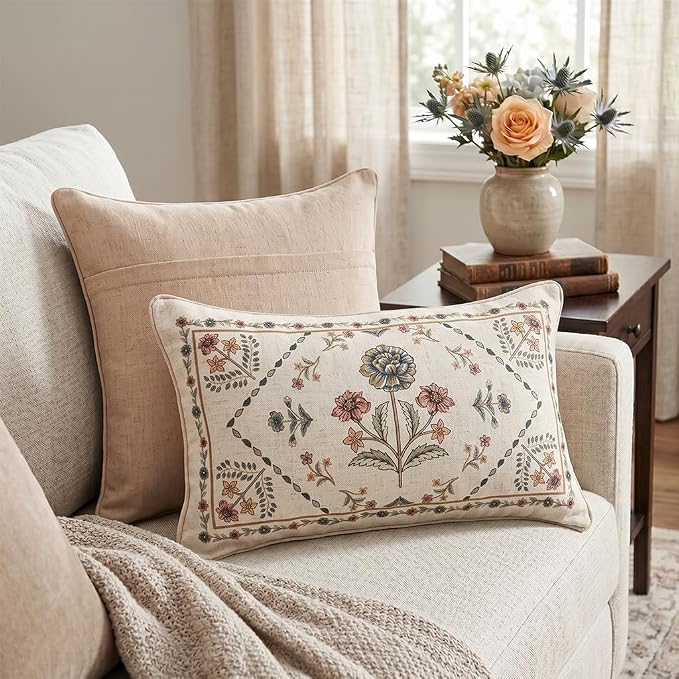 ISAENNE Designer Vintage Linen Throw Pillow Cover,20"x12"-Cornucopia B | Elegant French Rectangle Pillow Cover,Concealed Zipper Design,Floral Pattern,Sofas,Bedroom,Living Room,Lounge Chairs