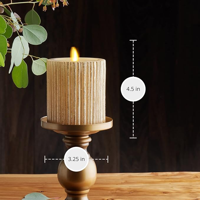 Luminara Metallic Embossed Pillar, Champagne Flameless LED Candle 3.25" x 4.5", Battery Operated Real Flame Technology w/Timer Function, Paraffin Wax