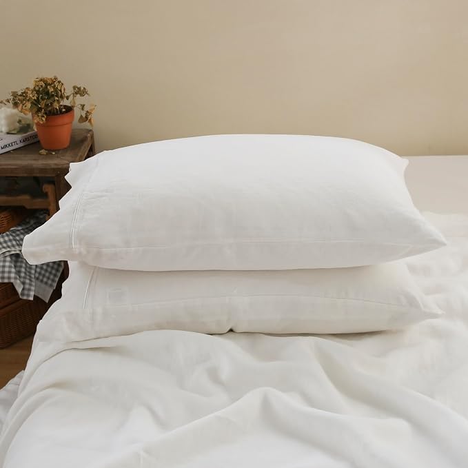 100% French Linen Pillowcases with Embroidery - Pack of 2 - Washed Solid Color Natural Flax Soft Breathable - White, 20'' x 40''