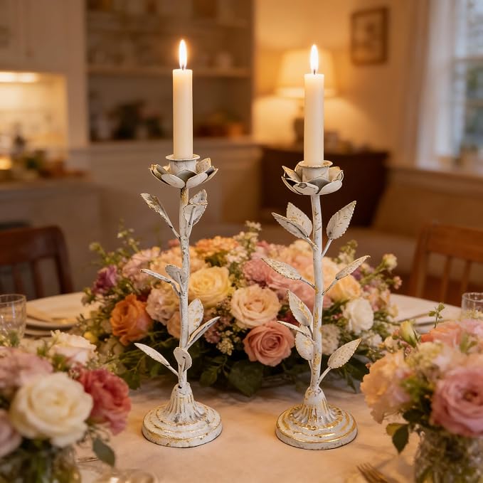2-Piece Vintage Rose Taper Candle Holders, Distressed Distressed White & Gold Metal Candlestick Stands with Pink Floral Design, 12.2" Tall Rustic Farmhouse Tabletop Decor for Wedding, Dining & Home