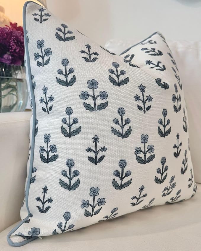 Jillien Harbor "The Beau” Floral Block Print Pillow Cover – Blue Decorative Throw Pillow Cover with White Background – Grandmillennial Home Decor, 20" x 20"