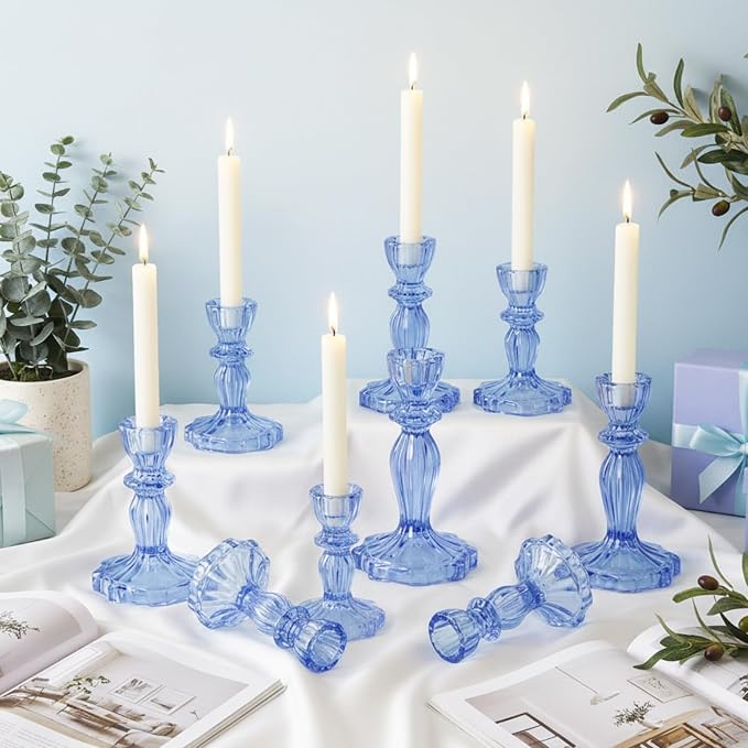 24 Pack Glass Candlestick Holders Set 4.3/6.1'' Taper Stripe Candle Holder Bulk Floral Shape Crystal Decorative Candle Stand Centerpiece for Table Wedding Dining (Blue)