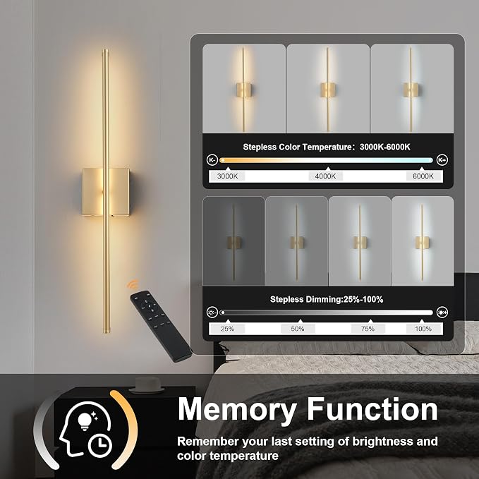KARTOOSH Removable Battery Operated Wall Sconces with Remote Control, Stepless Colors 3000K-6000K & Dimming, 350°Rotate, LED Gold Wireless Wall Light for Living Room, Bedroom, 28.3 Inch (2 Pack)