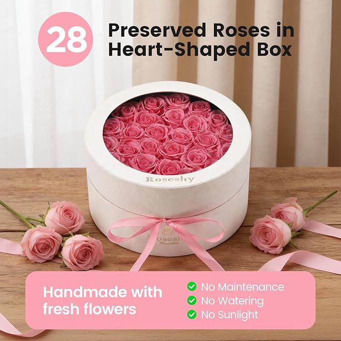 Valentines Day Flowers Roses Gifts for Her,28pcs Pink Forever Preserved Roses in Round Gift Box,Valentines Day Delivery Prime Gifts-Roses Gifts for Women,Mom.