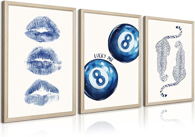 Leopard Wall Art Cheetah Canvas Prints Trendy 8 Ball Wall Decor Preppy Aesthetic Poster Lucky Leopard Pictures Funky Painting Navy Kiss Artwork for Bedroom Living Room 12x16 Inch Wood Framed Set of 3