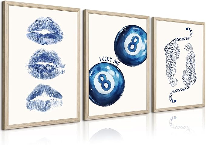 Leopard Wall Art Cheetah Canvas Prints Trendy 8 Ball Wall Decor Preppy Aesthetic Poster Lucky Leopard Pictures Funky Painting Navy Kiss Artwork for Bedroom Living Room 16x24 Inch Wood Framed Set of 3