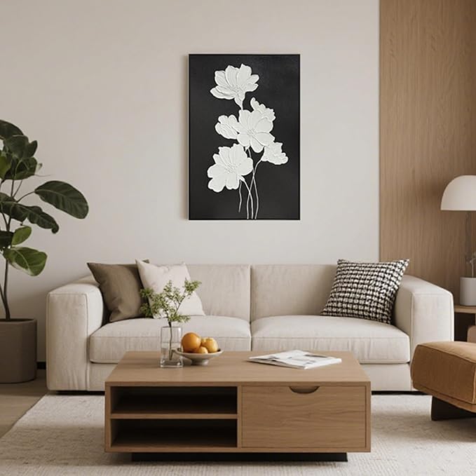 SAFERRYHOME White Flower Hand Painted Wall Art, Large Modern Floral Framed Canvas Wall Decor, 3D Texture Flower Oil Painting Nature Artwork for Home Office Living Room Hallway, 24"x36"