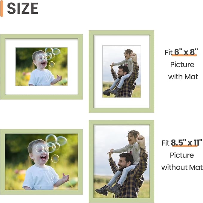 upsimples 8.5 By 11 Picture Frame, Display Pictures 6x8 with Mat or 8.5 x 11 Without, Wall Hanging Photo Frames, Green, 1 Pack