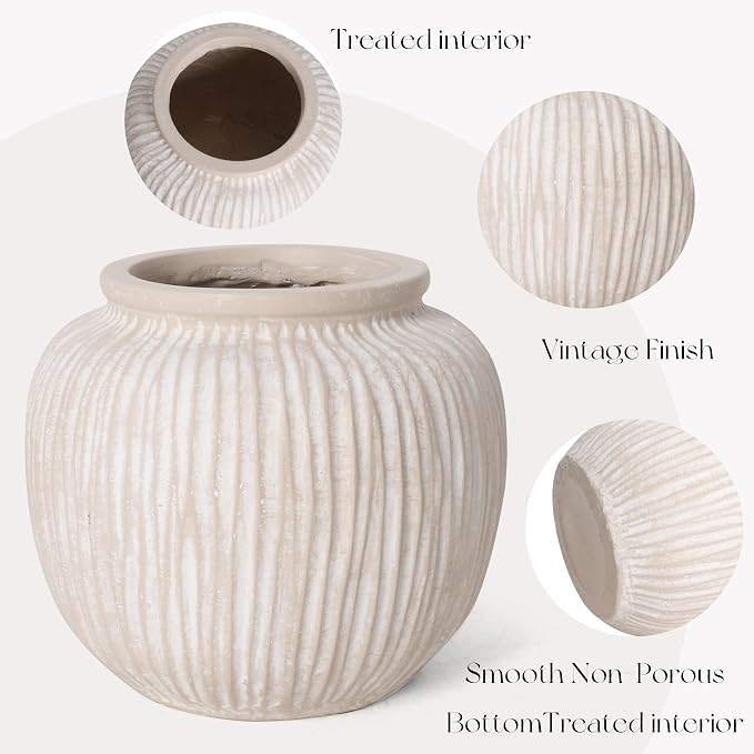 Oakrain Large Rustic Decorative Vase, 9" Distressed Round Floor Vase for Home Decor, Farmhouse Centerpieces Planters for Living Room Indoor Outdoor Use, Vintage White