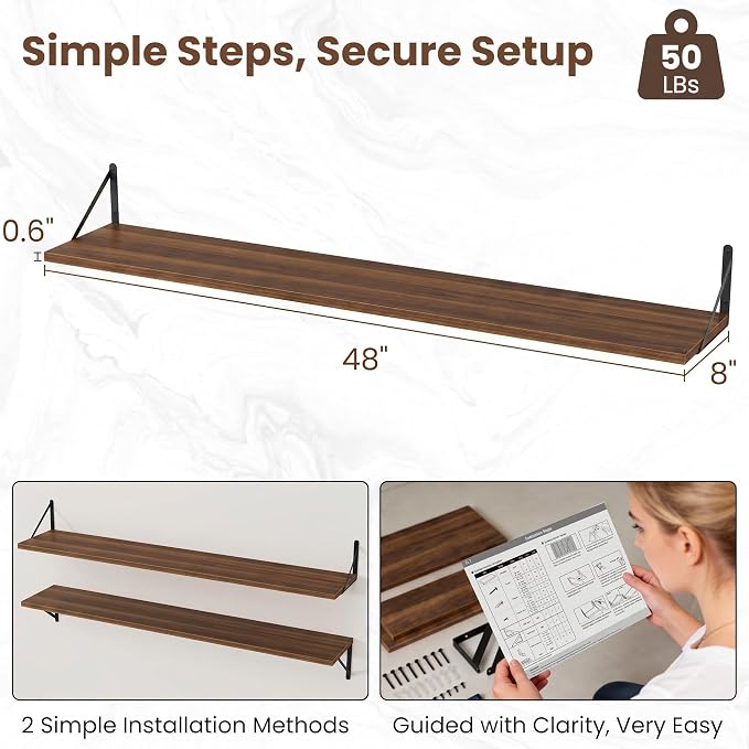 Vivelove 8 Inch Deep Floating Shelves for Wall, 48W x 8D Wood Wall Shelves Set of 2, Walnut Wide Floating Bookshelf for Living Room, Kitchen, Office, Bedroom, with Black Metal Bracke - Walnut