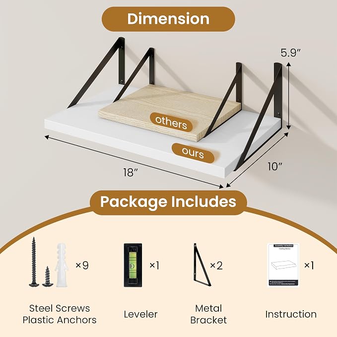 Acovy Floating Shelves for Wall,18" Wall Mounted Shelves Set of 2,Wood Floating Shelf with Bracket,Sturdy Metal Bracket Bookshelves Home Decor Storage for Living Room,Bedroom,Bathroom,Kitchen,White