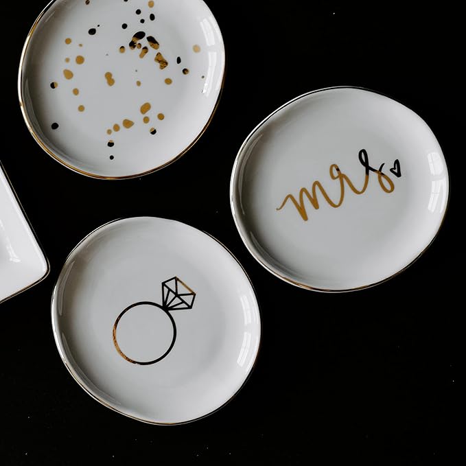 Sweet Water Decor Ring Jewelry Dish Tray | Great for Her Engagement Engaged Ring Dish Holder Bride Ring Holder Gold Ceramic Trinket Tray Wedding Accessories