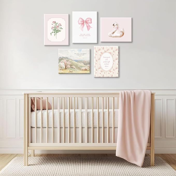 Nursery Christian Wall Art Bible Verses Canvas Wall Decor Baby Girl Room Poster Vintage Pink Nursery Prints Decor Floral Bow Swan Artwork Jesus Scripture Picture for Bedroom 8x10x5 Inch Wrapped Canvas
