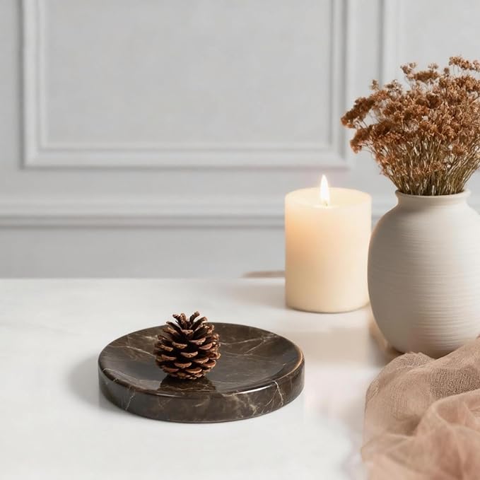 Emperador Dark Marble Jewelry Dish 4”, Brown Natural Stone Trinket Tray for Rings Earrings Bracelets, Round Marble Soap Dish for Bathroom Kitchen, Classic Decorative Catchall for Home & Tabletop