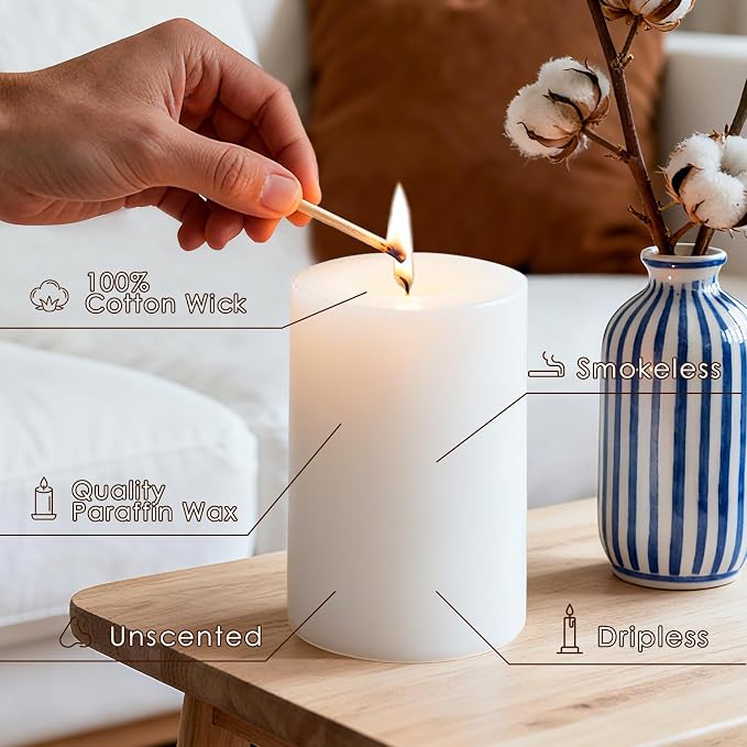 4x6 Inch White Pillar Candles, 2 Packs, 300-Hours Long Burning Time Totally, Unscented Large White Candles for Mantel Decor, Home Holiday Table Decor, Smokeless & Dripless