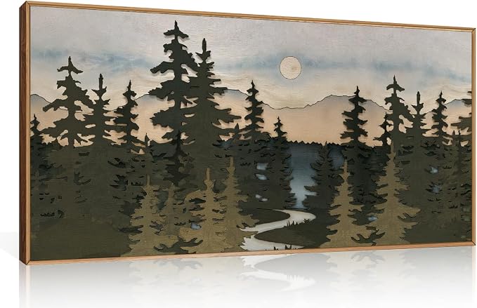 HPNIUB Woodcut Style Mountain Framed Wall Art Set,Vintage Pine Tree Wall Decor,Boho Sunset Nature Art Print,Wilderness Forest Artwork for Living Room, Bedroom,Dining Room,Office-20 x40