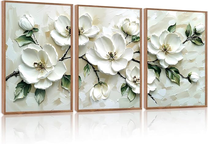 CHDITB 3D Impasto Textured White Magnolia Floral Relief Framed Canvas Wall Art Set, Neutral Beige Minimalist Wall Decor, Modern Texture Art Prints for Living Room Hallway Bedroom Home Decor 16"x24"x3