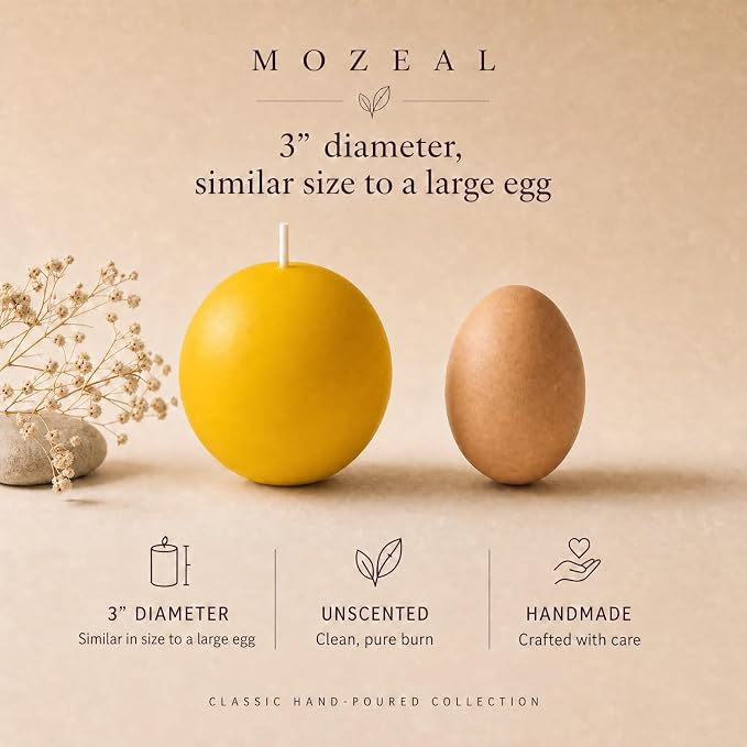 MOZEAL Hand-Poured, 3 Inch Yellow Round Ball Candles - Elegant Yellow Round Pillar Candles Set of 3, Dripless, Unscented, Smokeless, Ideal for Spring and Summer Parties.