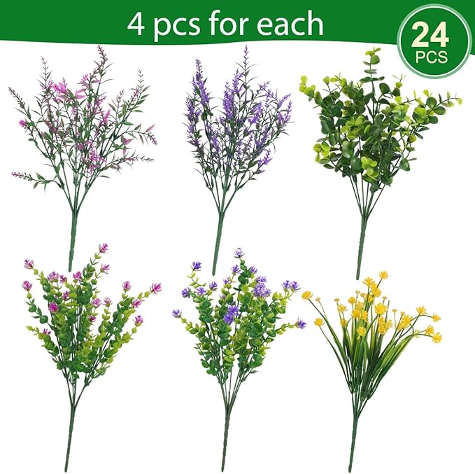 Hananona 24 Pcs Artificial Flowers Outdoor, Faux Artificial Plants UV Resistant Plastic Flower Bulk for Hanging Planter Porch Window Home Wedding Fall Summer Decor (24, Fuchsia, Purple, Yellow, Green)