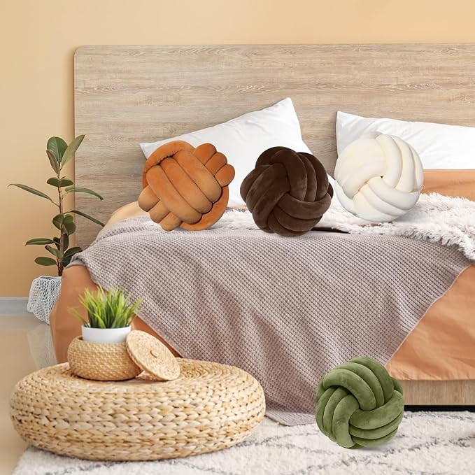 Yerliker 4 Pcs Knot Pillow Ball, 8.7 Inches Soft Home Decorative Round Throw Pillow Handmade Knotted Plush Accent Cushion Gifts for Nursery Decor Home Bed Sofa Bedroom Decoration(Earth Color)