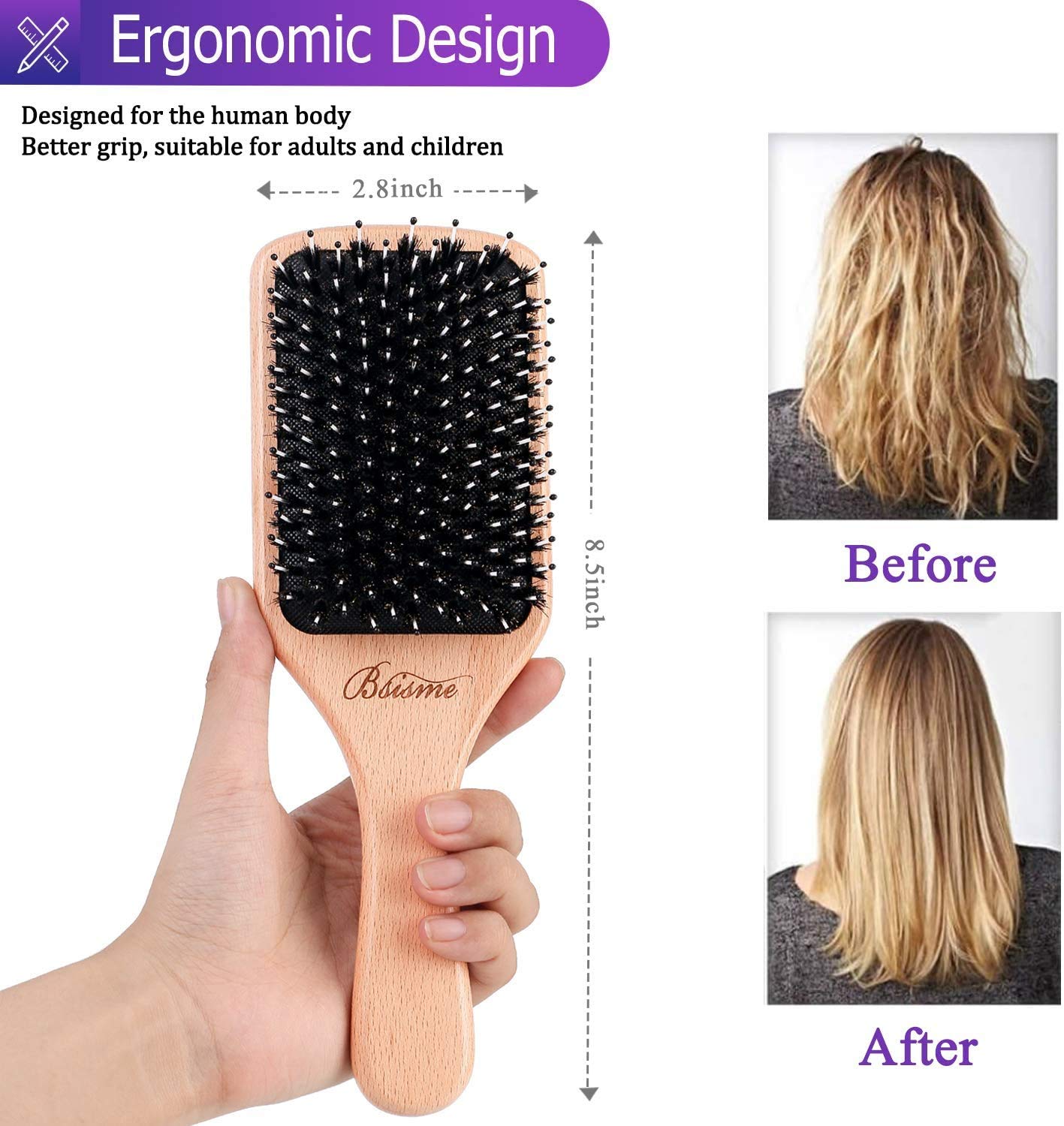 Hair Brush Boar Bristle Hair Brushes for Women Curly Hair, Best Paddle Detangling Brush Detangler for Girls Kids,Smooth Hair Add Shine