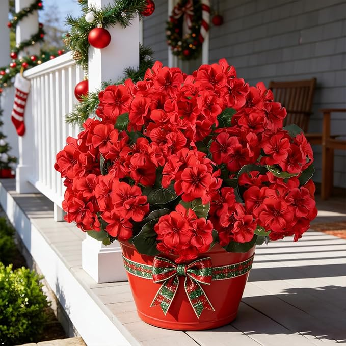 Artificial Flowers for Outdoors, 6 Bundles Realistic Silk Fake Red Geraniums, Faux Plastic Flowers for Outdoor Planters, Hanging Baskets, Window Boxes, Porch, Patio Decor