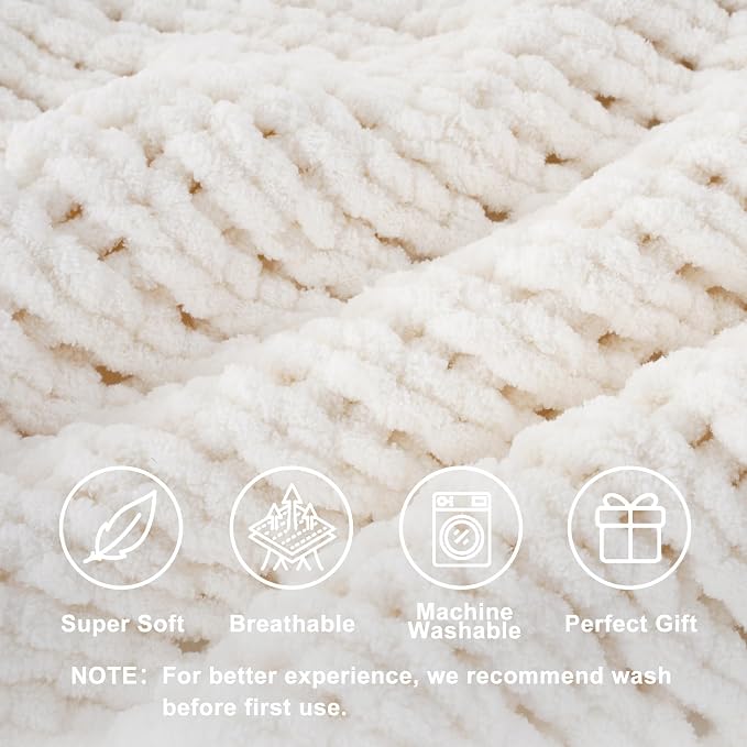 Battilo Cream Chunky Knit Throw Blanket, Soft and Thick White Chenille Throw Blanket, 50"x60" Handmade Cable Knit Crochet Blanket, Knot Knitted Throw Blankets for Couch Home Decor, Cream