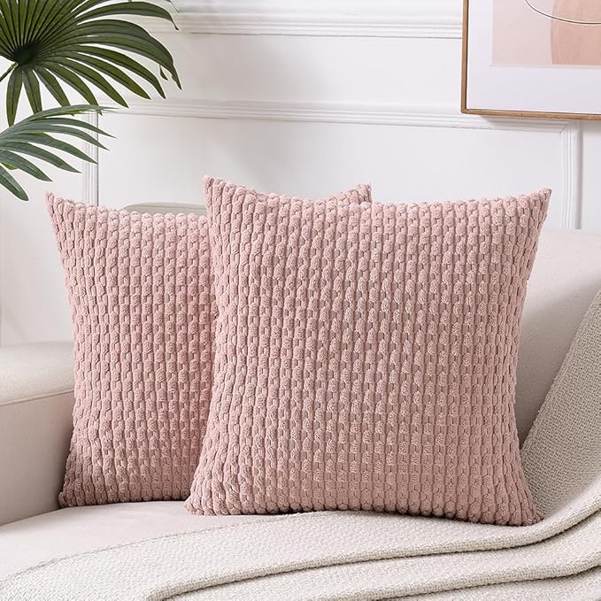 Fancy Homi 2 Packs Pink Decorative Throw Pillow Covers 26x26 Inch for Couch Bed Sofa, Modern Farmhouse Boho Home Decor, Soft Cute Plush Corduroy Cushion Case 66x66 CM