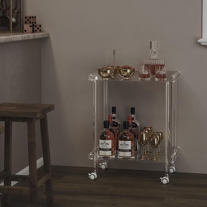 HMYHUM Acrylic Bar Cart, Rolling Serving Cart with 4 Lockable Wheels for the Home Bar, Kitchen, Living Room, Modern, 2-Tier, 23.6" L x 15" W x 30" H, Clear