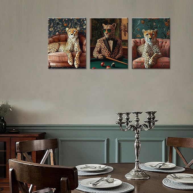 Cheetah Wall Art Set of 3–Cool Animal Canvas Poster Prints with Stylish Leopard in Suit and Lounge DécorSafari Animal Artwork Painting for Living Room,Office,Game Room,Bar, Bachelor Pad,Framed16x24in
