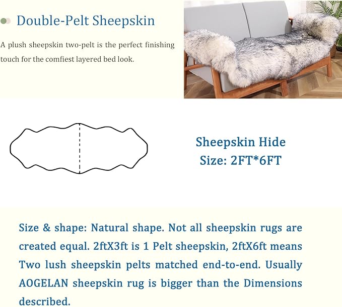 Fluffy Patchwork Sheepskin Rug with Little Patches, Fuzzy Shaggy Fur Genuine Wool Area Carpet for Bedroom Living Room Floor, Pray Pup Mat, Chair Sofa Seat Cover, Wolf Tipped, 2' x 6'