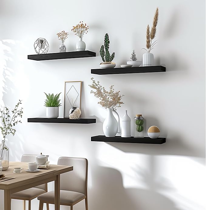YYWUOJJ Wood Floating Shelves for Wall Decor, Rustic Wall Shelves for Bedroom Bathroom Kitchen Living Room, Set of 6 Black