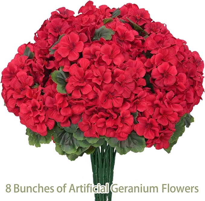 8 Pcs Artificial Geraniums Flowers for Outdoor Spring Summer Decor - UV-Resistant & Realistic Silk Faux Plants for Garden Porch Patio Yard Balcony Home Kitchen Table Centerpieces Decoration, Red