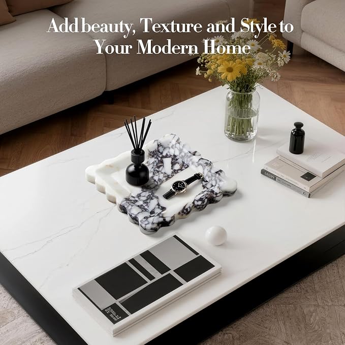 SAMAH Calacatta Viola Natural Marble Tray, Scalloped Bathroom Tray, Luxury Decorative Trays for Bathroom, Vanity, Dresser, Kitchen & Home Decor, Housewarming Gifts New Home (Square)