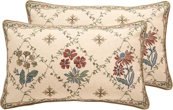 patdrea French Vintage Linen Throw Pillow Cover,12"x20",Set of 2-Audrey A | Decorative Pillow Case with Zipper,Brown Floral Pattern,Pillow Cover for Couch Living Room Bedroom Sofa