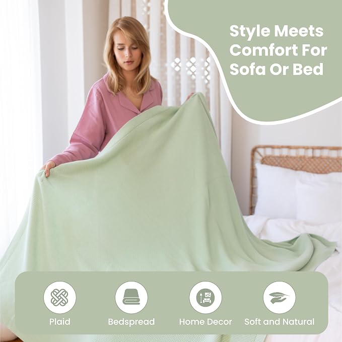 Dalisa 100% Organic Turkish Cotton Throw Blanket - GOTS Certified, Cozy - Perfect for Couch, Bed, and Home Decor - Boho Vintage Knit Alina (Sage, 60x80)