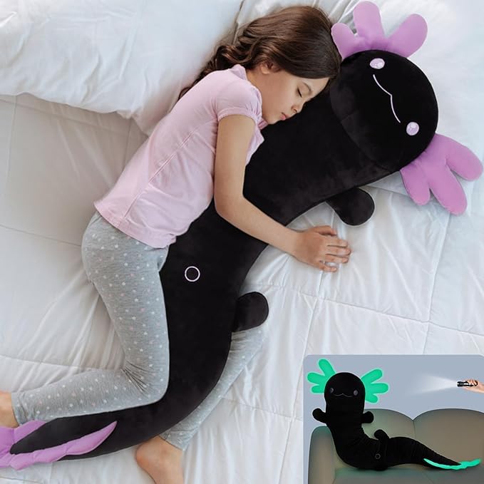 MaoGoLan 48" Giant Axolotl Plush Body Pillow, Large Black Axolotl Stuffed Animal Toy for Kid Girl Boy, Soft Salamander Plush Toy Glow in The Dark, Holiday Birthday Easter Baby Shower Decor Gift